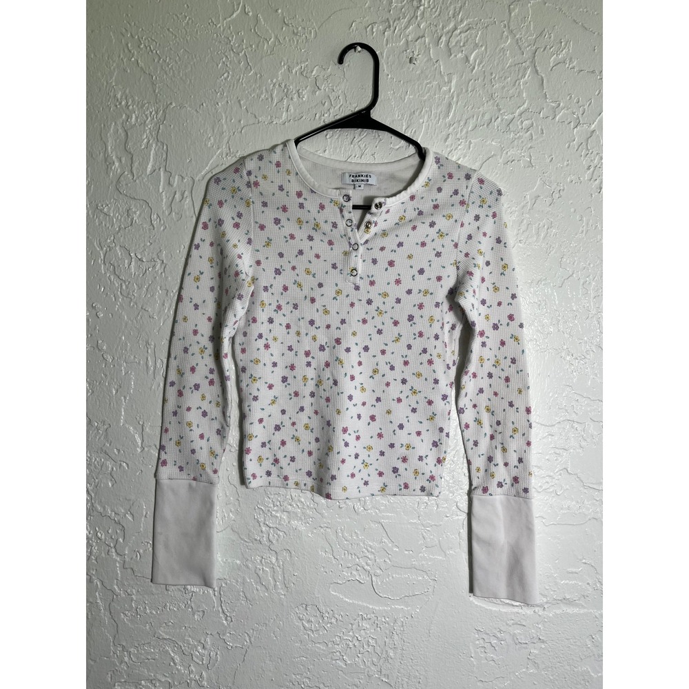 Frankies Bikinis Floral Waffle Knit Henley Top Long Sleeve White Womens Medium